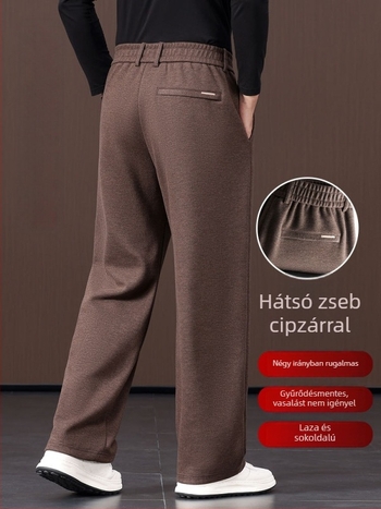 Férfi gyapjúszövésű széleslábú nadrág, egyenes szabás, magas derék, fleece-béléses téli viselet, mindennapi nadrág