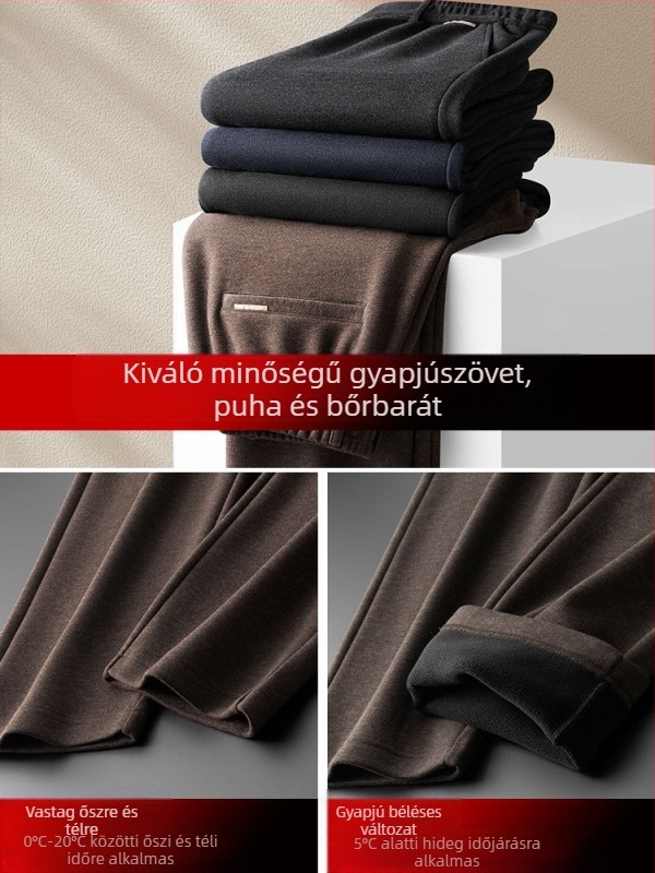Férfi gyapjúszövésű széleslábú nadrág, egyenes szabás, magas derék, fleece-béléses téli viselet, mindennapi nadrág