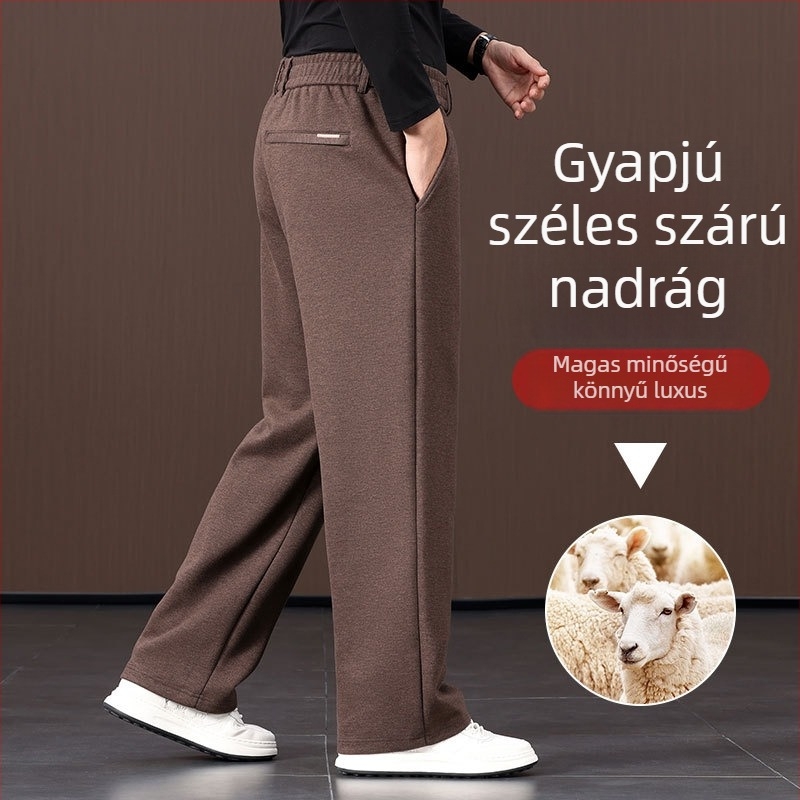 Férfi gyapjúszövésű széleslábú nadrág, egyenes szabás, magas derék, fleece-béléses téli viselet, mindennapi nadrág