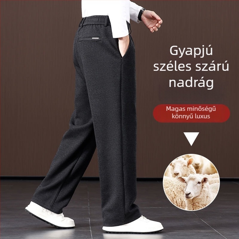 Férfi gyapjúszövésű széleslábú nadrág, egyenes szabás, magas derék, fleece-béléses téli viselet, mindennapi nadrág