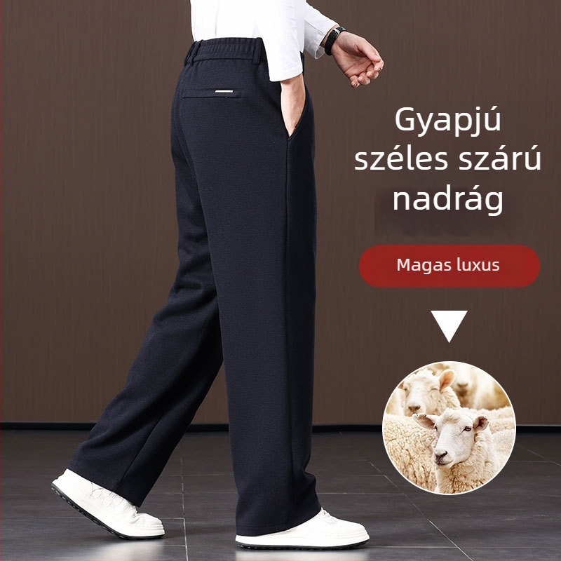 Férfi gyapjúszövésű széleslábú nadrág, egyenes szabás, magas derék, fleece-béléses téli viselet, mindennapi nadrág