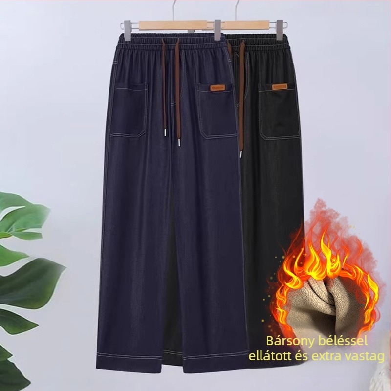 Női denim nadrág, egyenes szabású, magas derék, laza illeszkedés, őszi-téli vastagított kivitel, 70–80% poliészter