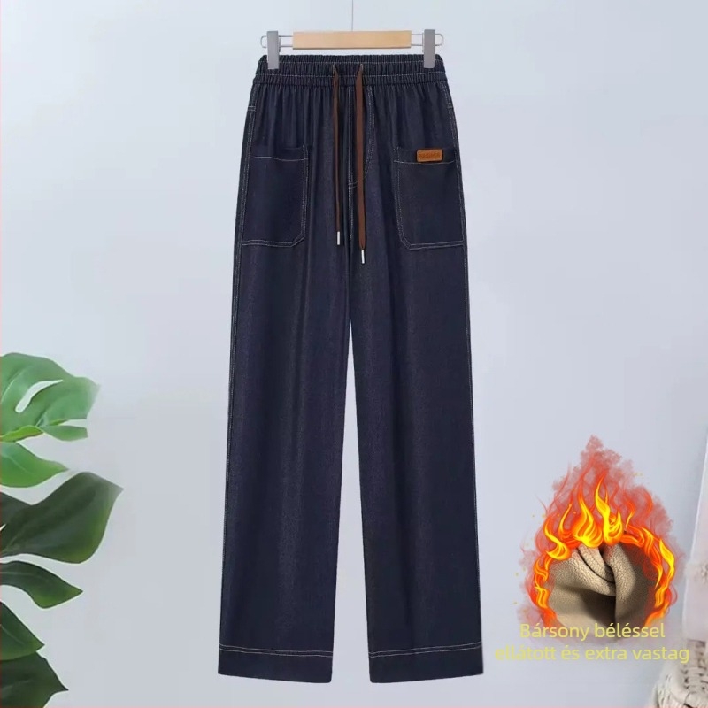Női denim nadrág, egyenes szabású, magas derék, laza illeszkedés, őszi-téli vastagított kivitel, 70–80% poliészter