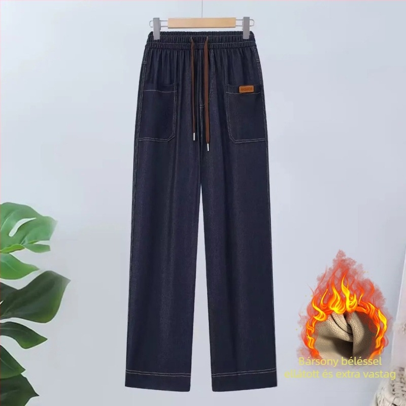Női denim nadrág, egyenes szabású, magas derék, laza illeszkedés, őszi-téli vastagított kivitel, 70–80% poliészter