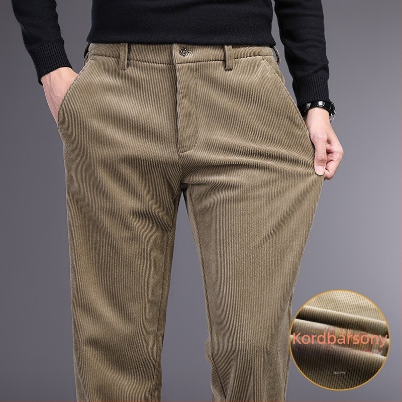 Corduroy férfi mindennapi üzleti nadrág - egyenes szabású, középmagas derék, cipzár, vastag anyag, poliészter-viszkóz-spandex keverék