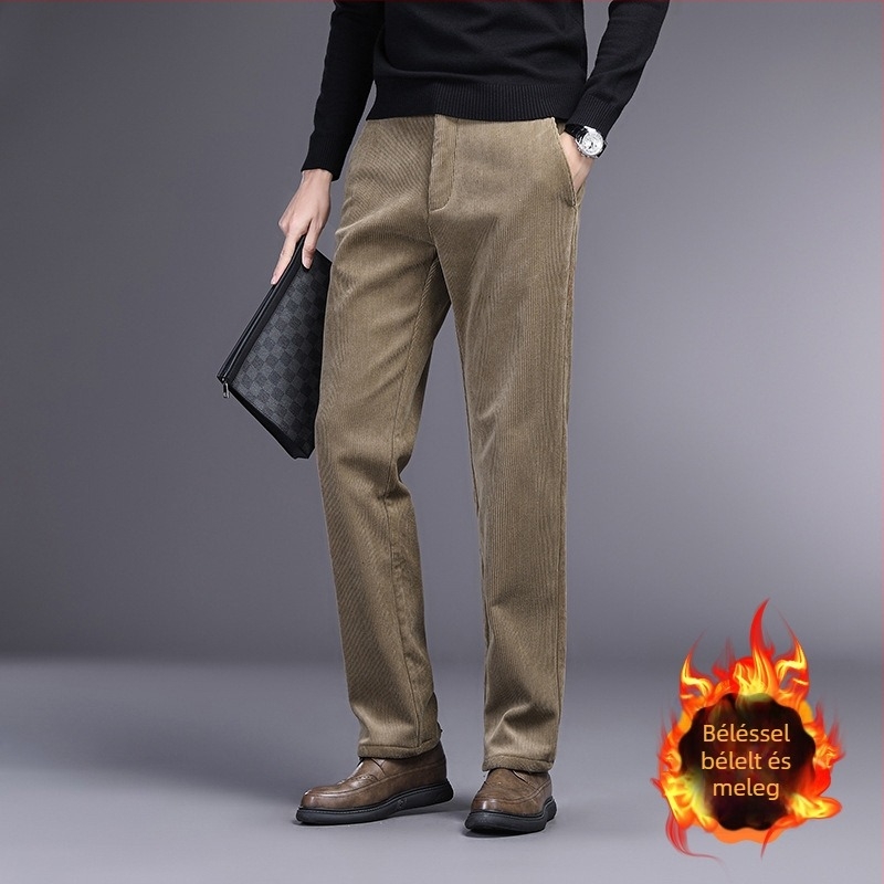 Corduroy férfi mindennapi üzleti nadrág - egyenes szabású, középmagas derék, cipzár, vastag anyag, poliészter-viszkóz-spandex keverék