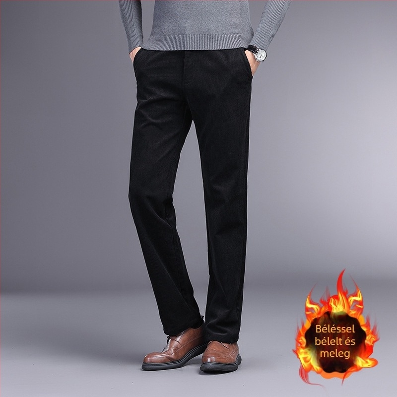 Corduroy férfi mindennapi üzleti nadrág - egyenes szabású, középmagas derék, cipzár, vastag anyag, poliészter-viszkóz-spandex keverék