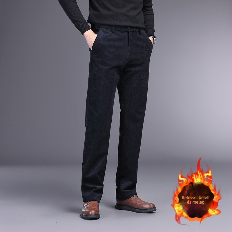 Corduroy férfi mindennapi üzleti nadrág - egyenes szabású, középmagas derék, cipzár, vastag anyag, poliészter-viszkóz-spandex keverék