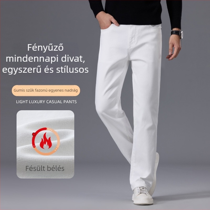 Férfi üzleti kasual nadrág, egyenes szabás — középmagas derekú, cipzáros, pamut-lyocell-spandex keverék, mikro visszaugró elasztikusság, tavasz–ősz