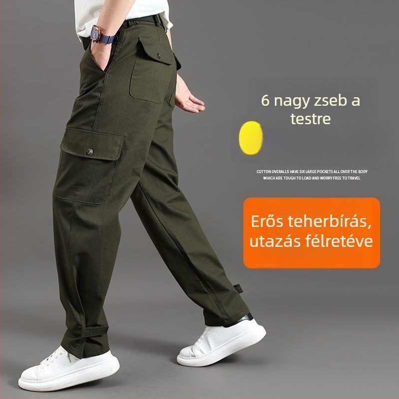 Férfi pamut munkanadrág, kopás- és szennyeződésálló, több zsebbel, laza egyenes szabás