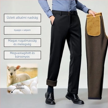 Őszi–téli fleece-beléssel készült vastag gyapjúhatású nadrág középkorú férfiaknak, egyenes szárú, üzleti casual