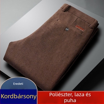 Őszi-téli kordbársony férfi nadrág középkorúaknak és idősebbeknek, egyenes szabás, magas derék, laza szabás