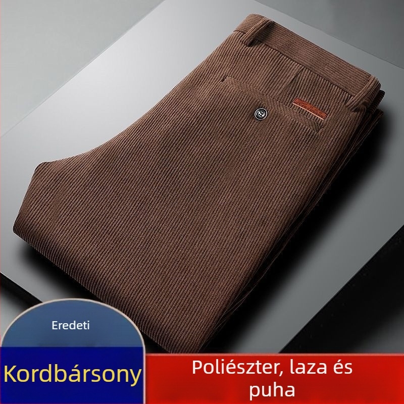 Őszi-téli kordbársony férfi nadrág középkorúaknak és idősebbeknek, egyenes szabás, magas derék, laza szabás