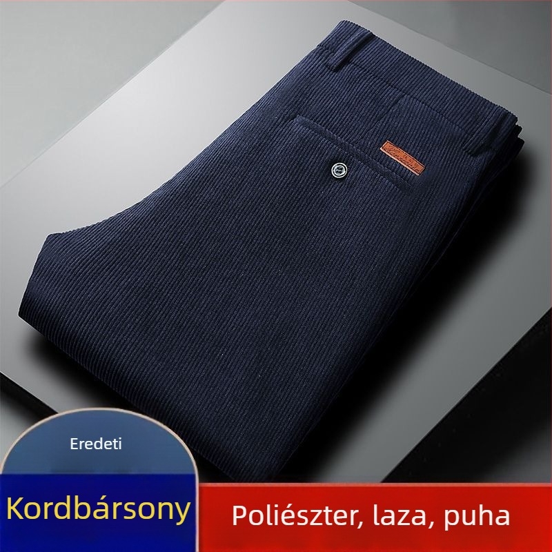 Őszi-téli kordbársony férfi nadrág középkorúaknak és idősebbeknek, egyenes szabás, magas derék, laza szabás