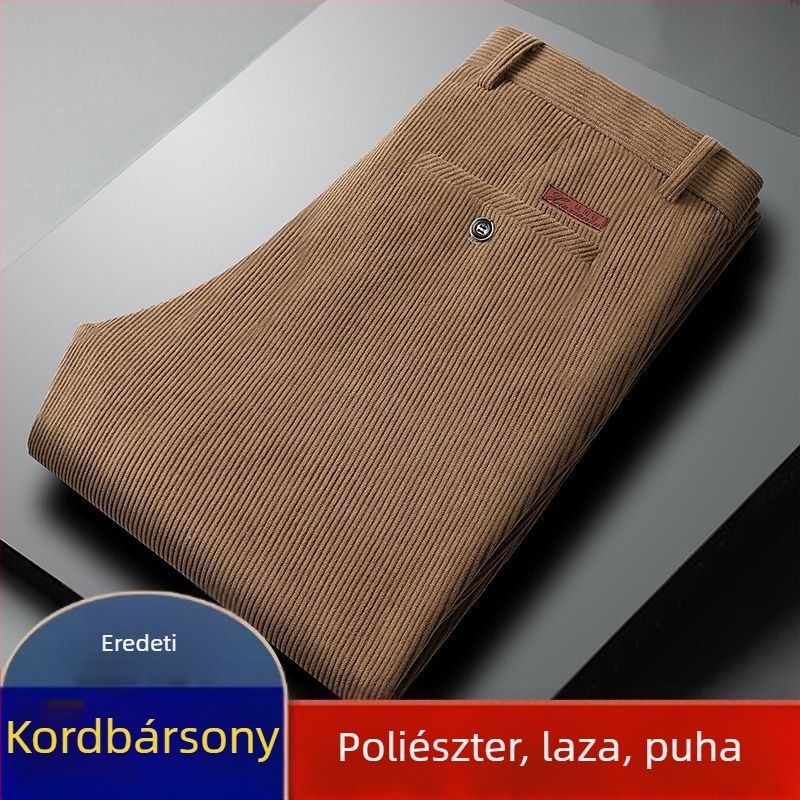 Őszi-téli kordbársony férfi nadrág középkorúaknak és idősebbeknek, egyenes szabás, magas derék, laza szabás