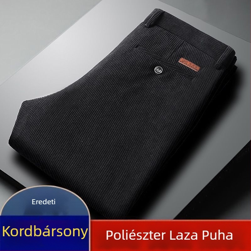 Őszi-téli kordbársony férfi nadrág középkorúaknak és idősebbeknek, egyenes szabás, magas derék, laza szabás