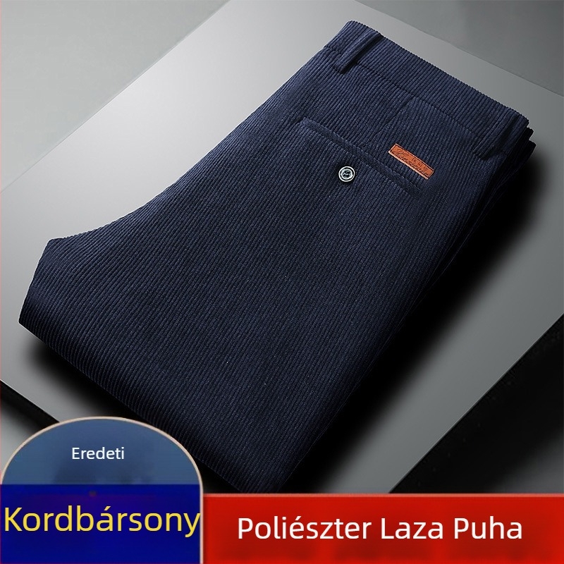 Őszi-téli kordbársony férfi nadrág középkorúaknak és idősebbeknek, egyenes szabás, magas derék, laza szabás