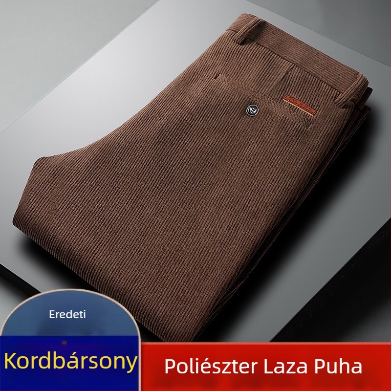 Őszi-téli kordbársony férfi nadrág középkorúaknak és idősebbeknek, egyenes szabás, magas derék, laza szabás