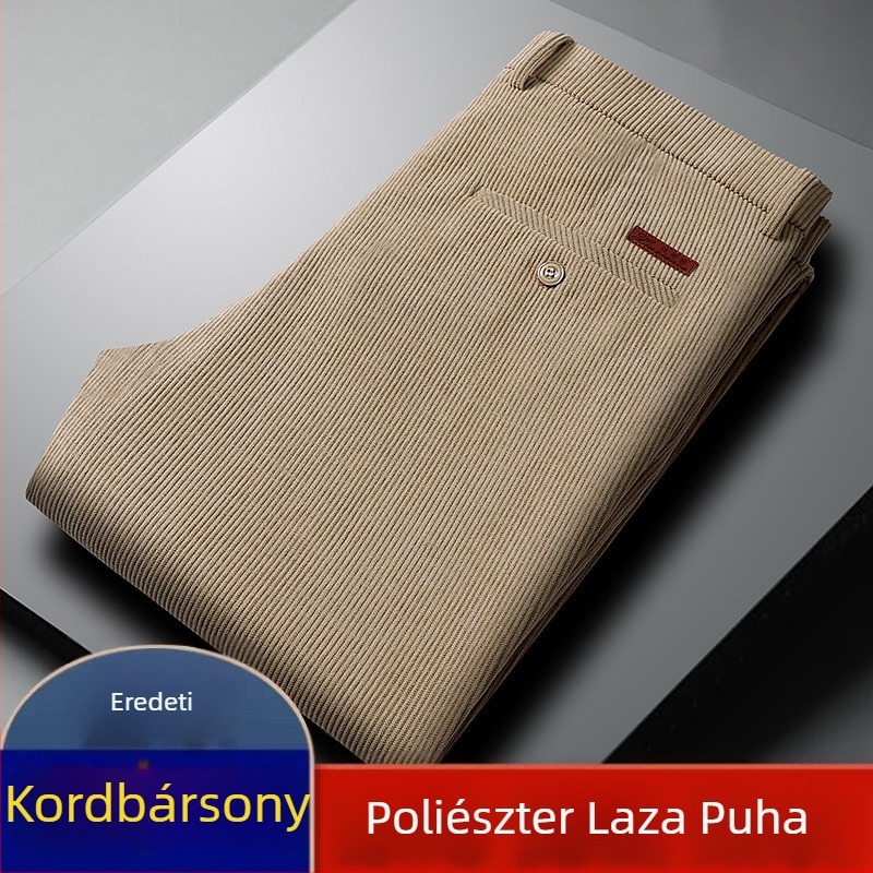 Őszi-téli kordbársony férfi nadrág középkorúaknak és idősebbeknek, egyenes szabás, magas derék, laza szabás