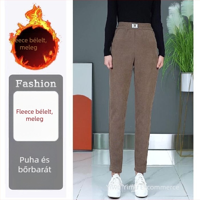 Chenille anyagú harém nadrág fleece-sel bélelt, vastag, magas derekú, pluszméret, középkorú és idősebb nőknek, mindennapi viselet, meleg és stílusos
