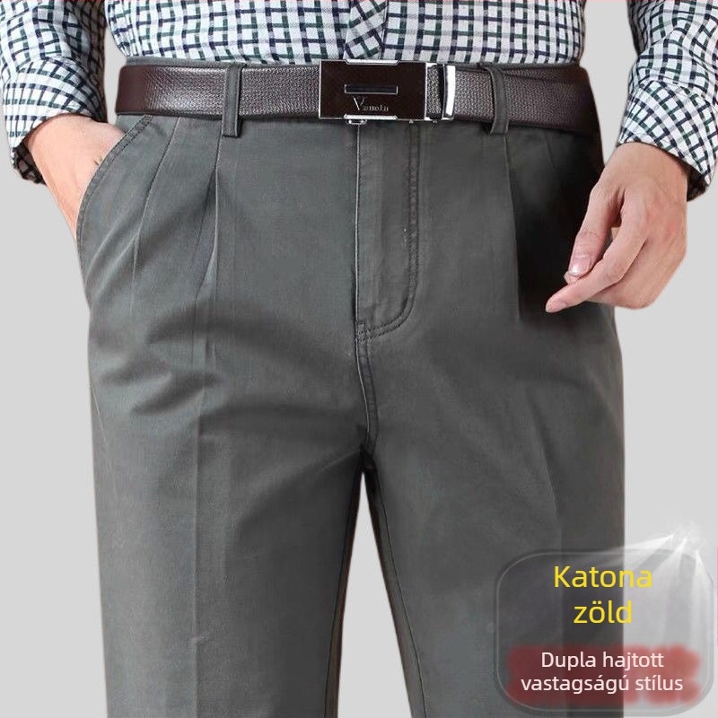 Egyenes szabású pamut-keverék nadrág len fő anyagból téli üzleti viselethez