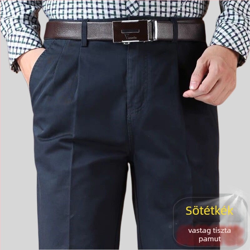 Egyenes szabású pamut-keverék nadrág len fő anyagból téli üzleti viselethez