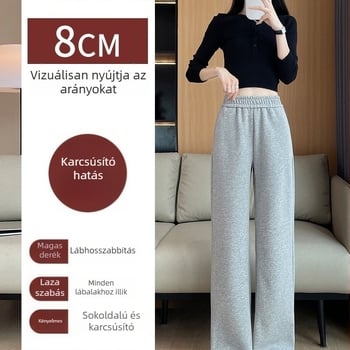 Női fleece-belelt vastag, széles lábú nadrág ősz-télre, magas derék, drapált, egyenes szabás, szürke, casual sport nadrág