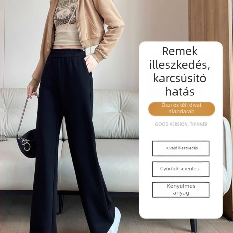 Női fleece-belelt vastag, széles lábú nadrág ősz-télre, magas derék, drapált, egyenes szabás, szürke, casual sport nadrág