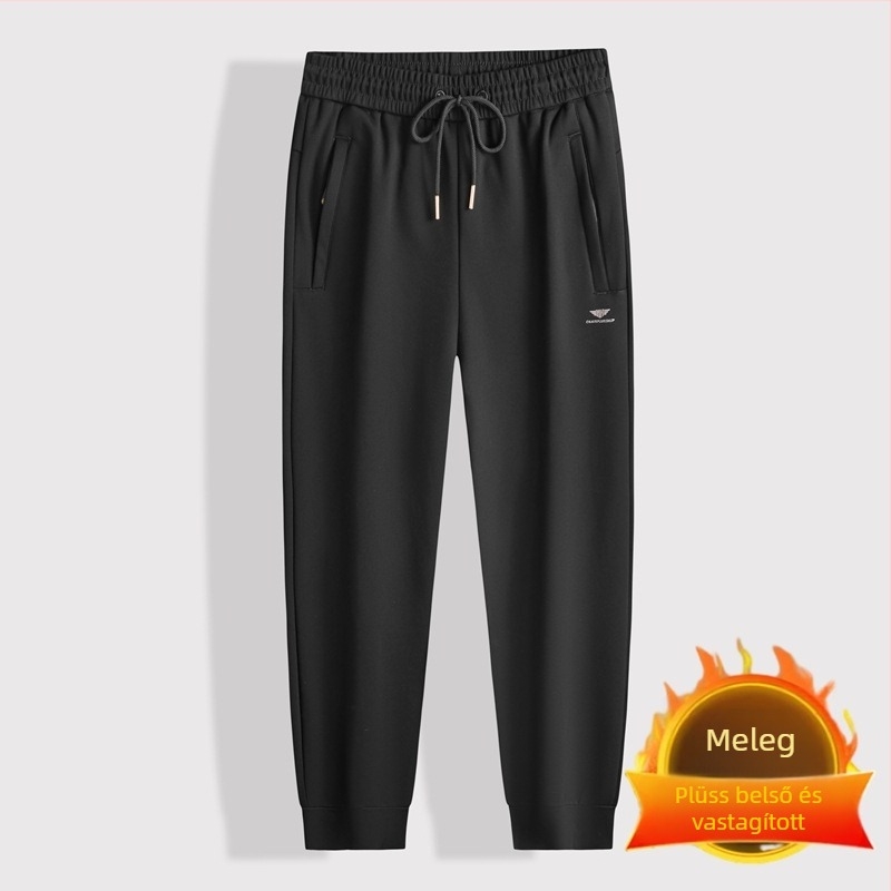 Férfi fleece-lel bélelt téli hétköznapi nadrág, magas derekú, övvel, előre kötős zárás