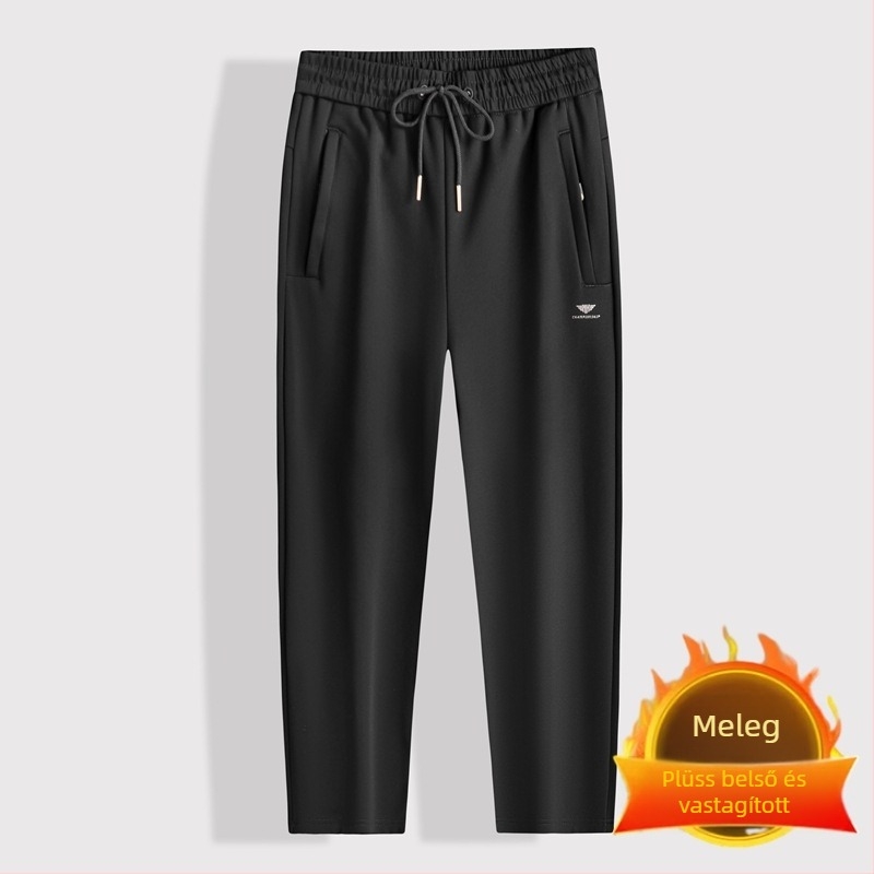 Férfi fleece-lel bélelt téli hétköznapi nadrág, magas derekú, övvel, előre kötős zárás