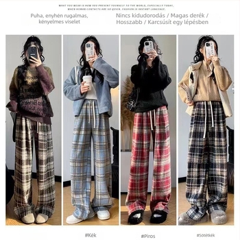 Magas derekú, vintage kockás nadrág, széles szárú, fleece-béléssel, téli viselet, zsebek nélkül