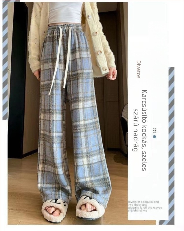 Magas derekú, vintage kockás nadrág, széles szárú, fleece-béléssel, téli viselet, zsebek nélkül