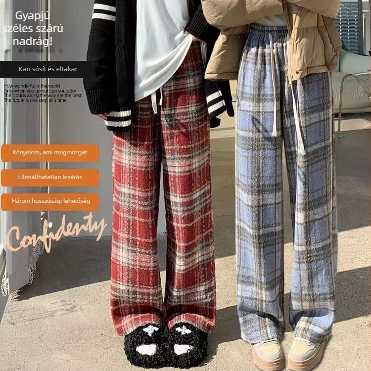 Magas derekú, vintage kockás nadrág, széles szárú, fleece-béléssel, téli viselet, zsebek nélkül