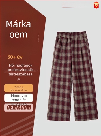 Vörös kockás pamutnadrág, széles szárú, magas derekú, laza szabású, drapált hatású, mindennapi őszi stílus