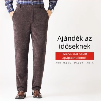 Férfi téli kordbársony nadrág fleece-béléssel, egyenes szabású, magas derekú, szabadidőre