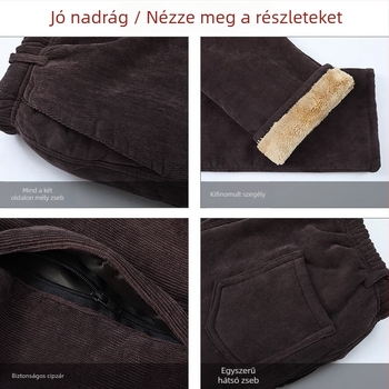 Férfi téli kordbársony nadrág fleece-béléssel, egyenes szabású, magas derekú, szabadidőre