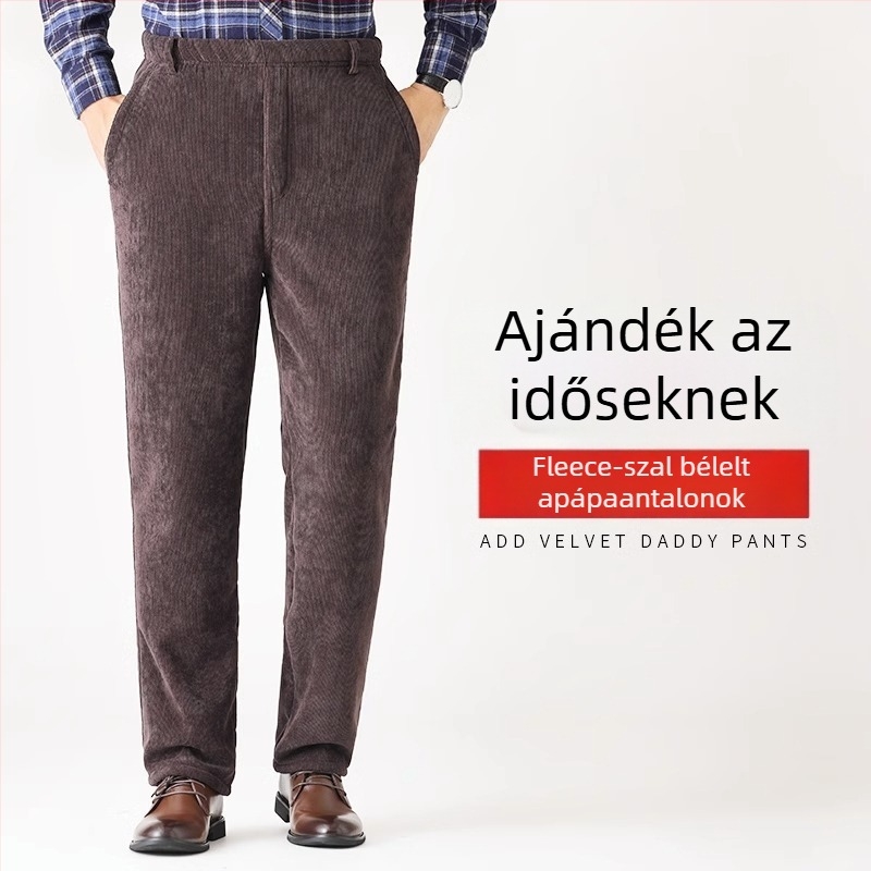 Férfi téli kordbársony nadrág fleece-béléssel, egyenes szabású, magas derekú, szabadidőre