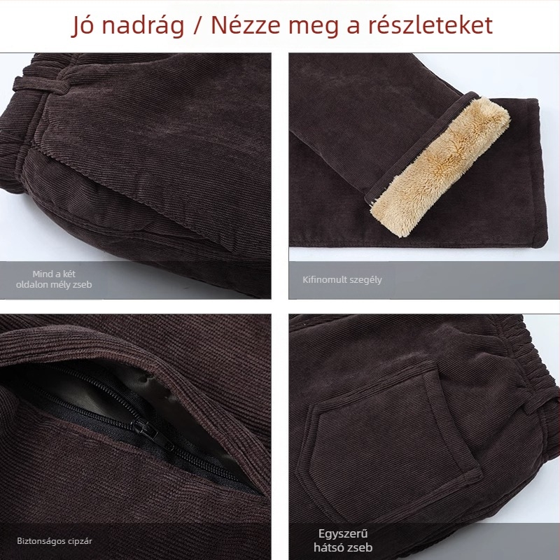 Férfi téli kordbársony nadrág fleece-béléssel, egyenes szabású, magas derekú, szabadidőre
