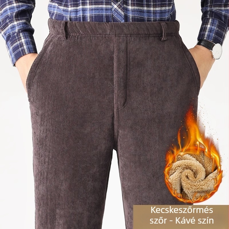 Férfi téli kordbársony nadrág fleece-béléssel, egyenes szabású, magas derekú, szabadidőre