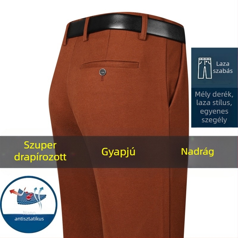 Téli férfi nadrág középkorúaknak, üzleti casual stílus, gyapjú-nailon keverék anyagból, övvel és cipzárral