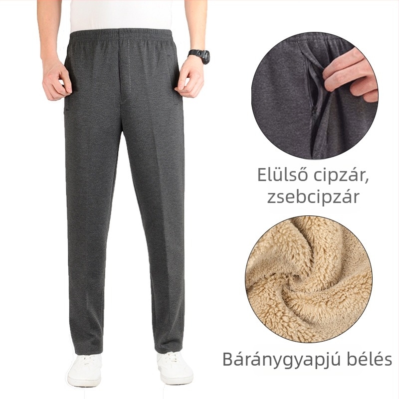 Férfi téli sportnadrág fleece-béléssel, magas derék, laza szabású egyenes fazonú, hosszú hétköznapi nadrág