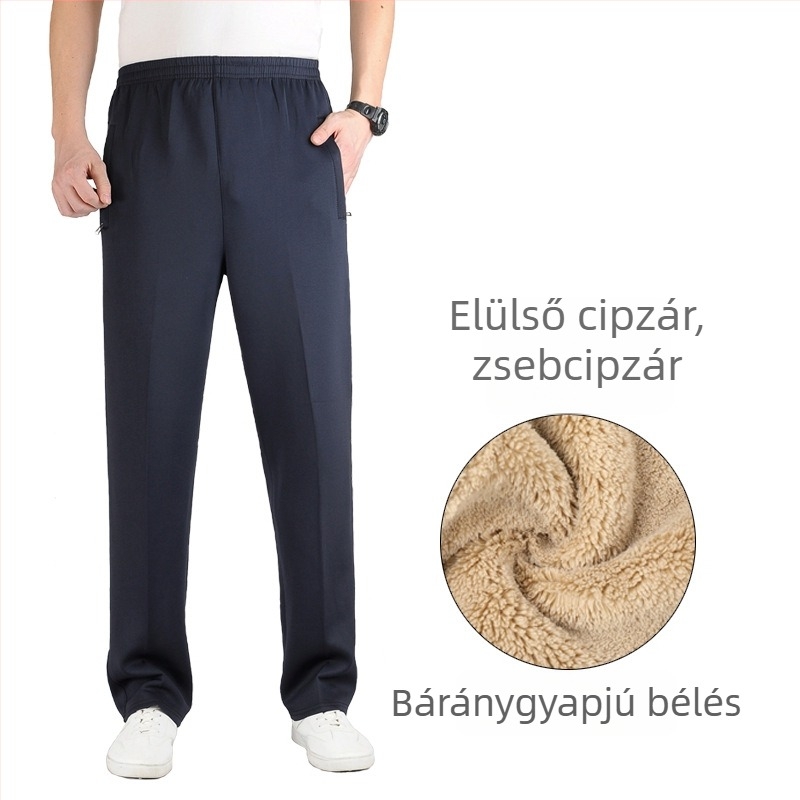 Férfi téli sportnadrág fleece-béléssel, magas derék, laza szabású egyenes fazonú, hosszú hétköznapi nadrág