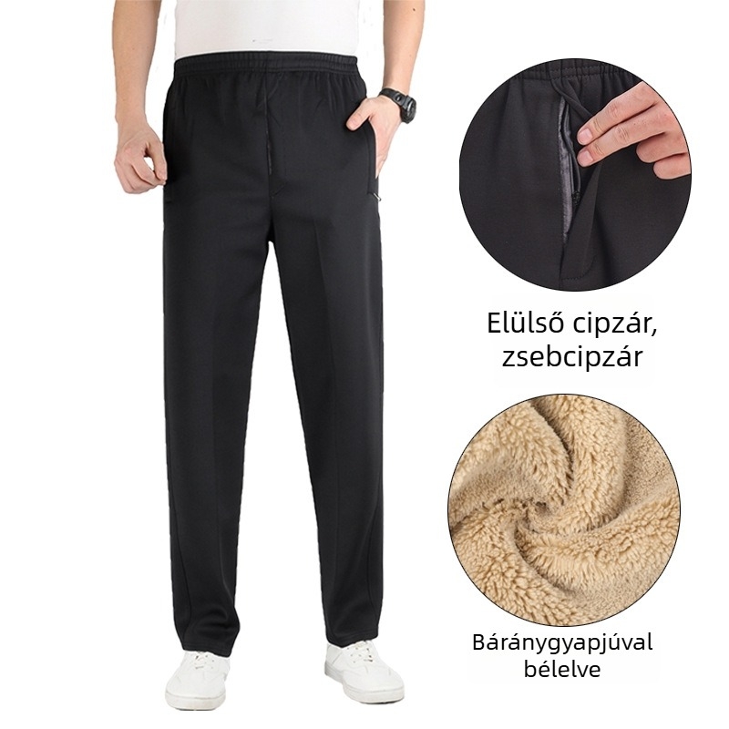 Férfi téli sportnadrág fleece-béléssel, magas derék, laza szabású egyenes fazonú, hosszú hétköznapi nadrág