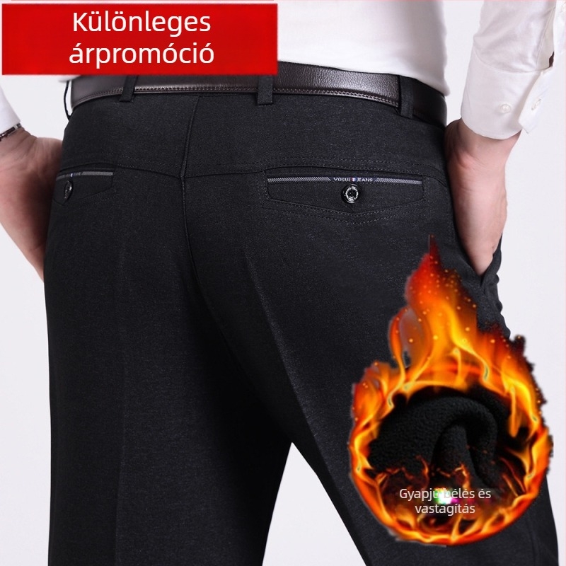Középkorú és idősebb férfiak téli fleece-bevonatú, egyenes szabású laza és meleg üzleti nadrág