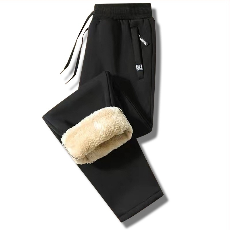 Férfi téli casual nadrág vastag fleece béléssel, egyenes szabású, középmagas derék, kötőzárú elülső zárás, cipzáros zsebek