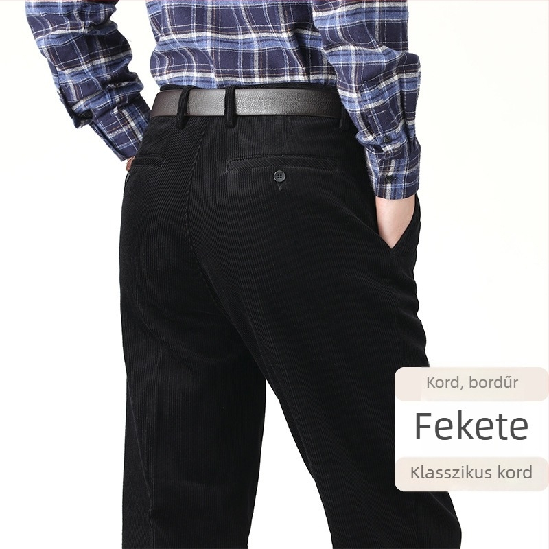 Férfi corduroy nadrág, egyenes szabás, magas derékkal, őszi–téli, lezser üzleti nadrág, 100% pamut