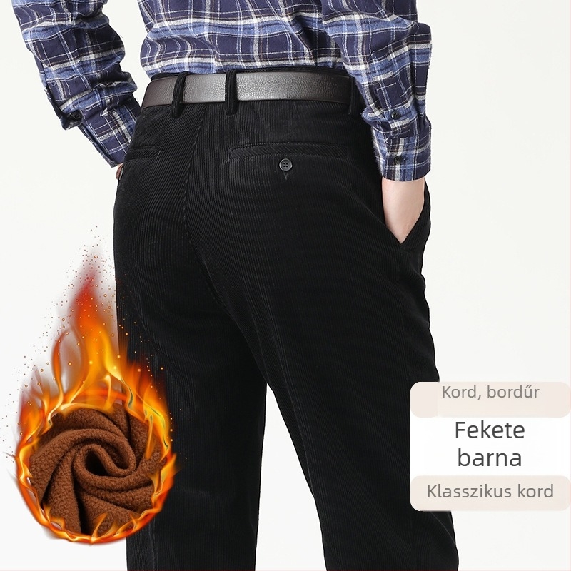 Férfi corduroy nadrág, egyenes szabás, magas derékkal, őszi–téli, lezser üzleti nadrág, 100% pamut