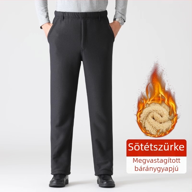 Téli férfi nadrág fleece belsővel, egyenes szárú, magas derék, casual viselet idős férfiaknak