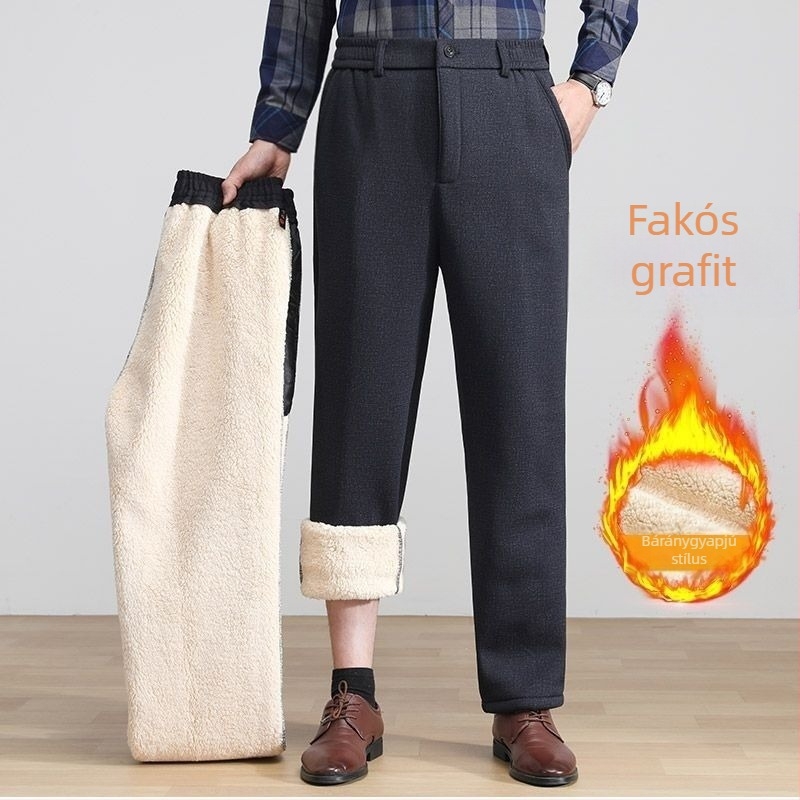Polárbéléses vastag férfi téli nadrág, magas derekú, laza szabású, középkorú és idősebb férfiak számára