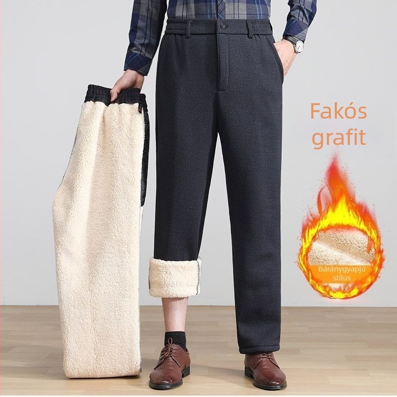 Polárbéléses vastag férfi téli nadrág, magas derekú, laza szabású, középkorú és idősebb férfiak számára